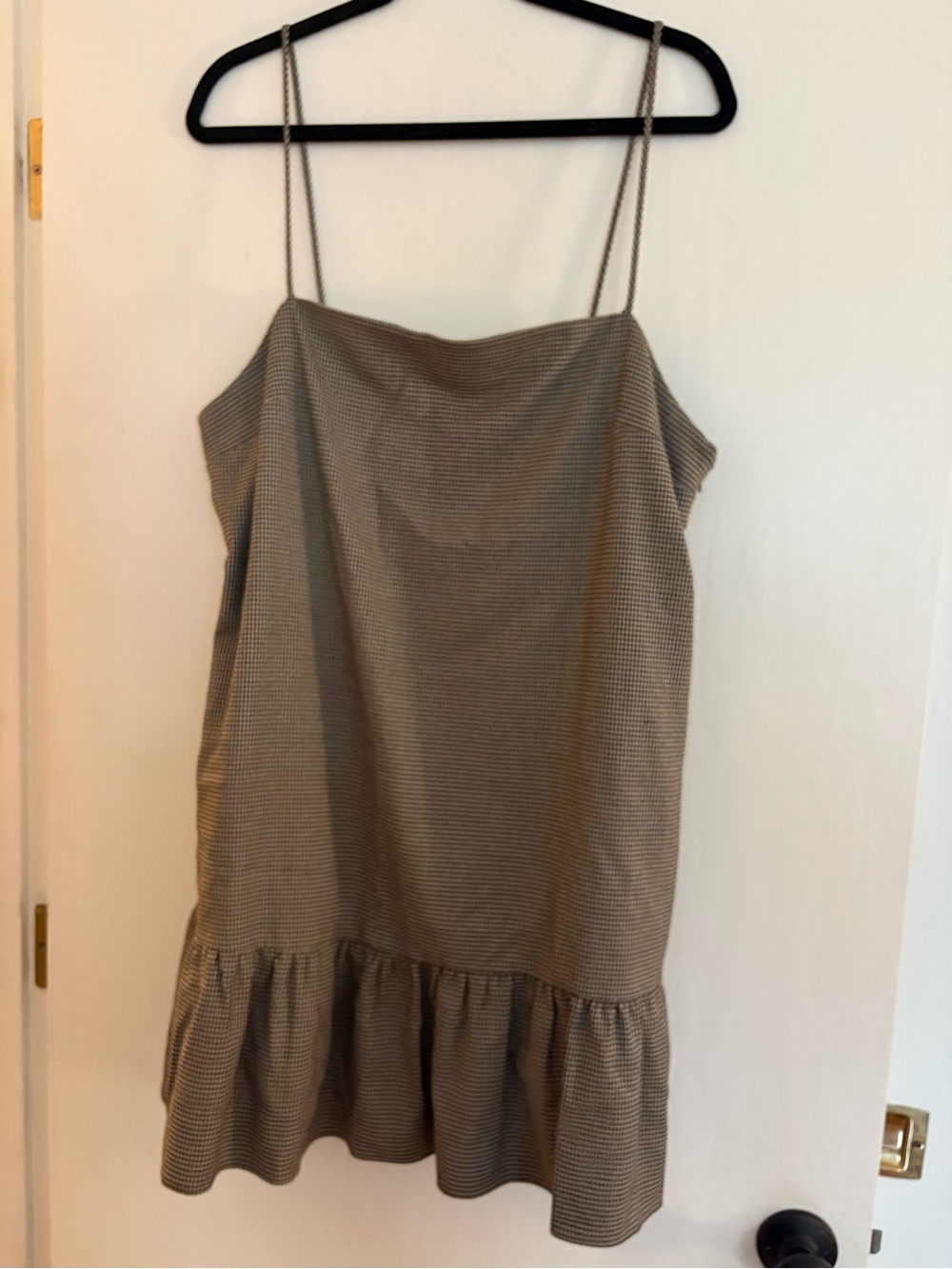 Mauve Spaghetti Strap Ruffle Hem Dress in Brown Check